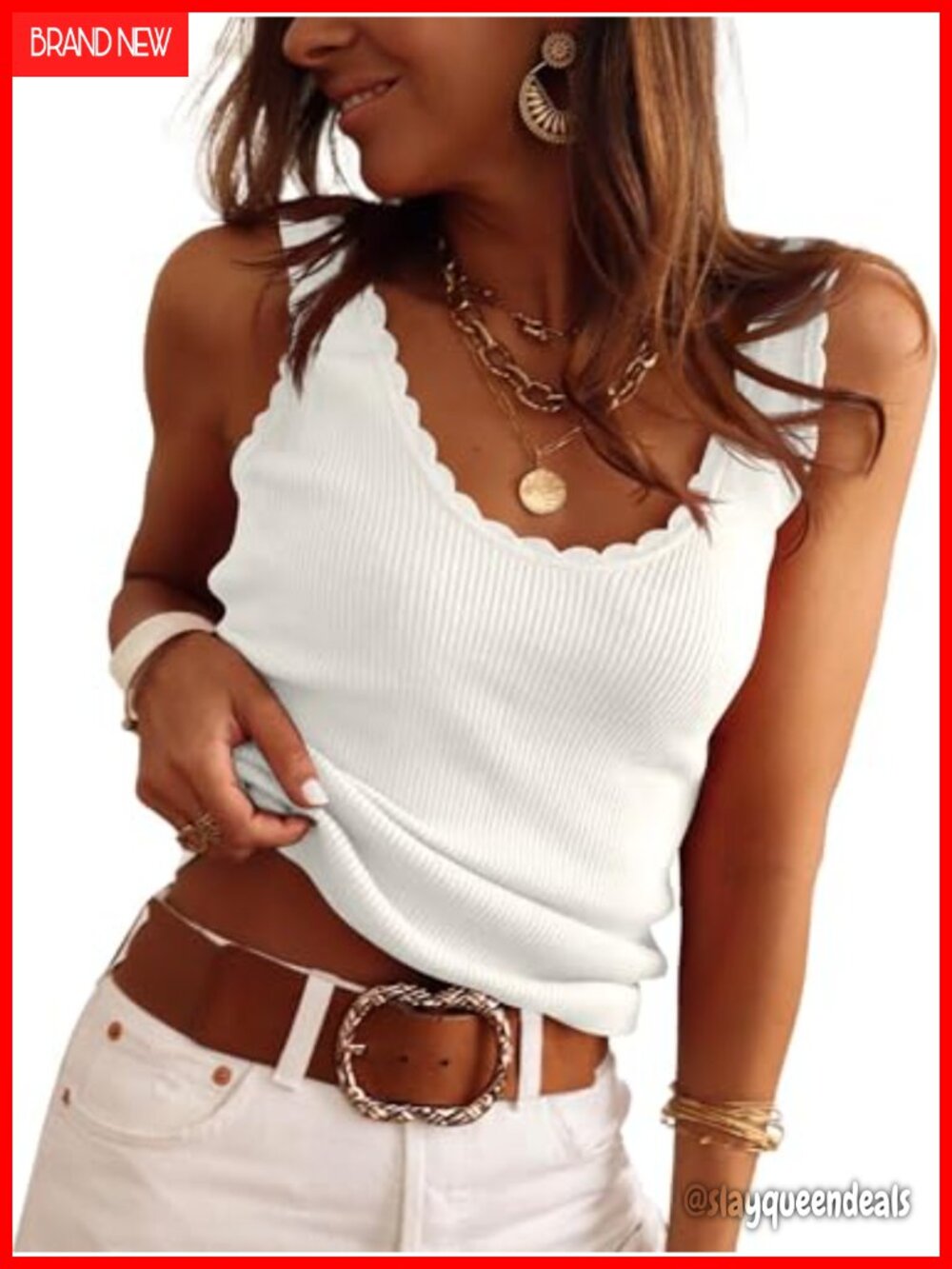 Women Sleeveless Scoop Neck Ribbed Knit Tank Top Scalloped Trim Slim Fit Summer